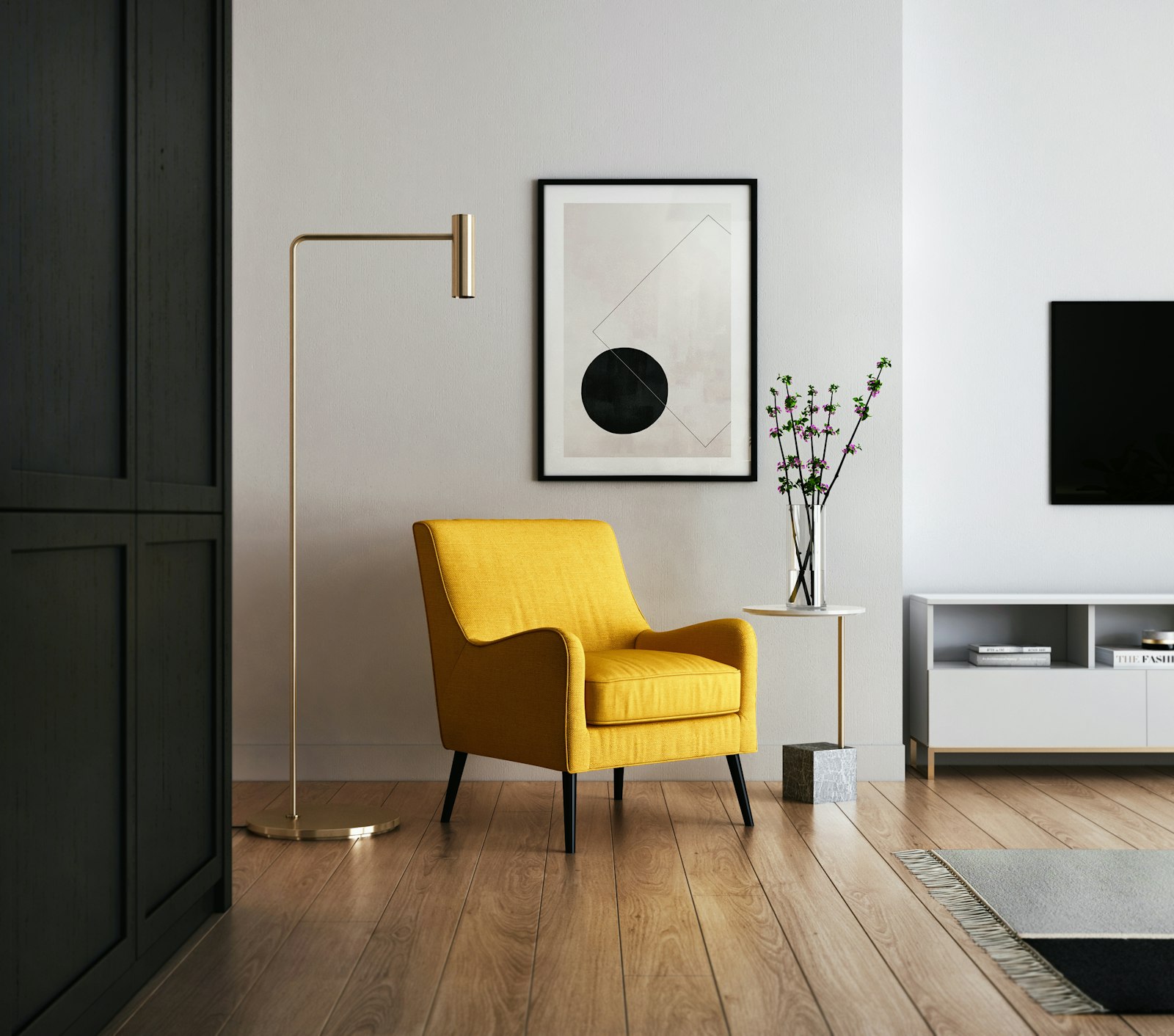 A single mustard armchair in a quiet corner of a room