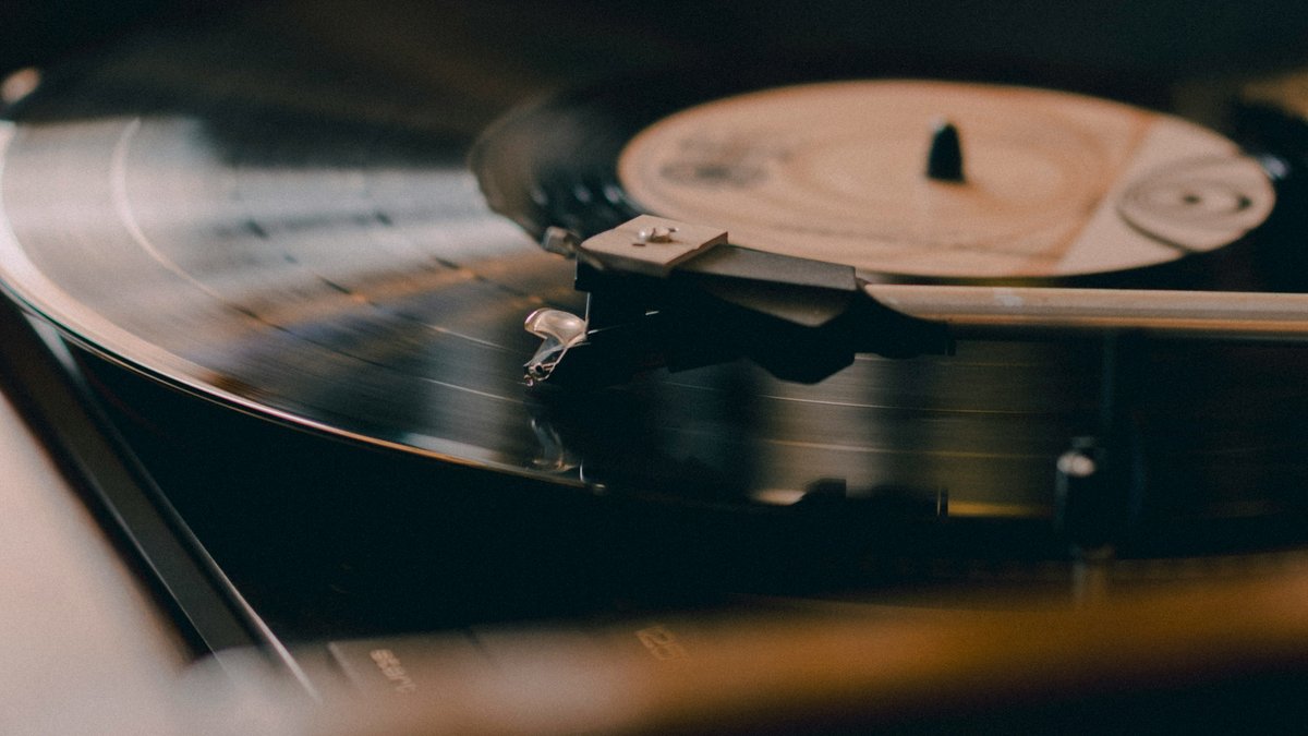 Close-up of a vinyl record on a turntable