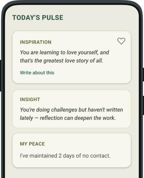 Breakup Reset Today's Pulse screen with daily inspiration, insights, and peace tracking.